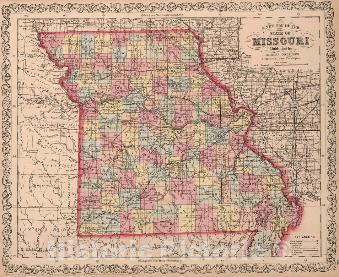 Historic Map : A New Map of the State of Missouri : Published by Charles Desilver, 1859 - Vintage Wall Art