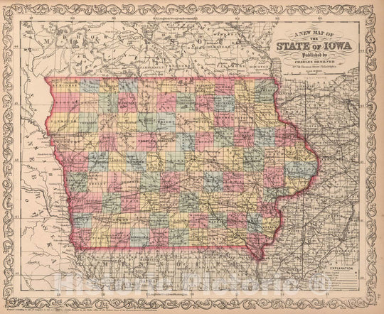 Historic Map : A New Map of the State of Iowa : Published by Charles Desilver, 1859 - Vintage Wall Art