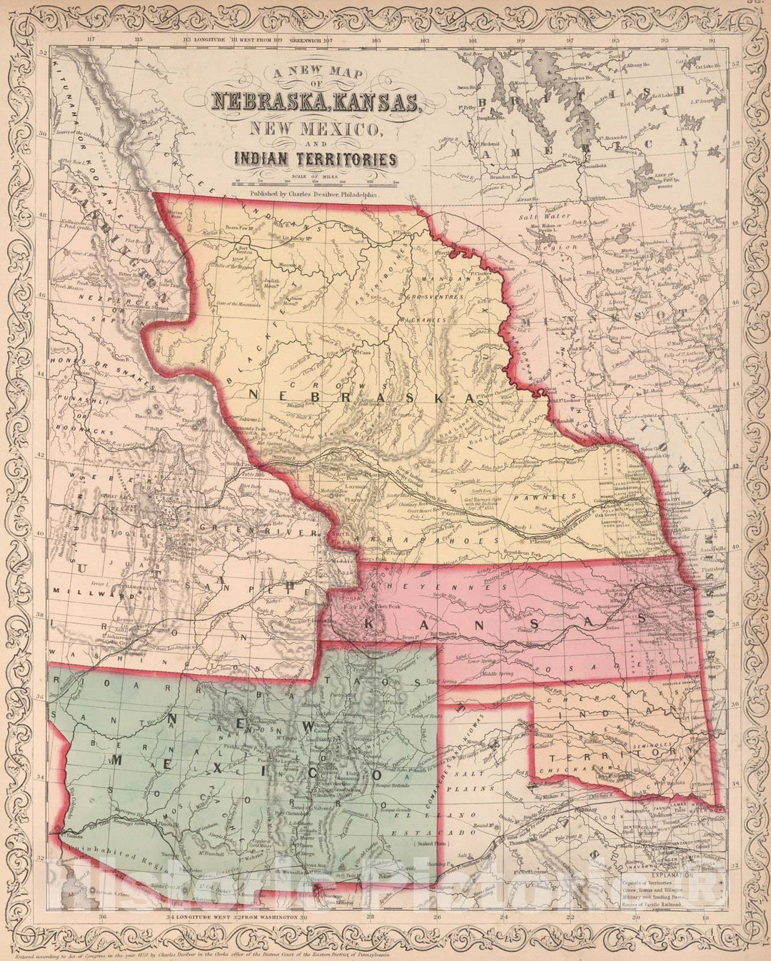 Historic Map : A New Map of Nebraska, Kansas, New Mexico, and Indian Territories, 1859 - Vintage Wall Art