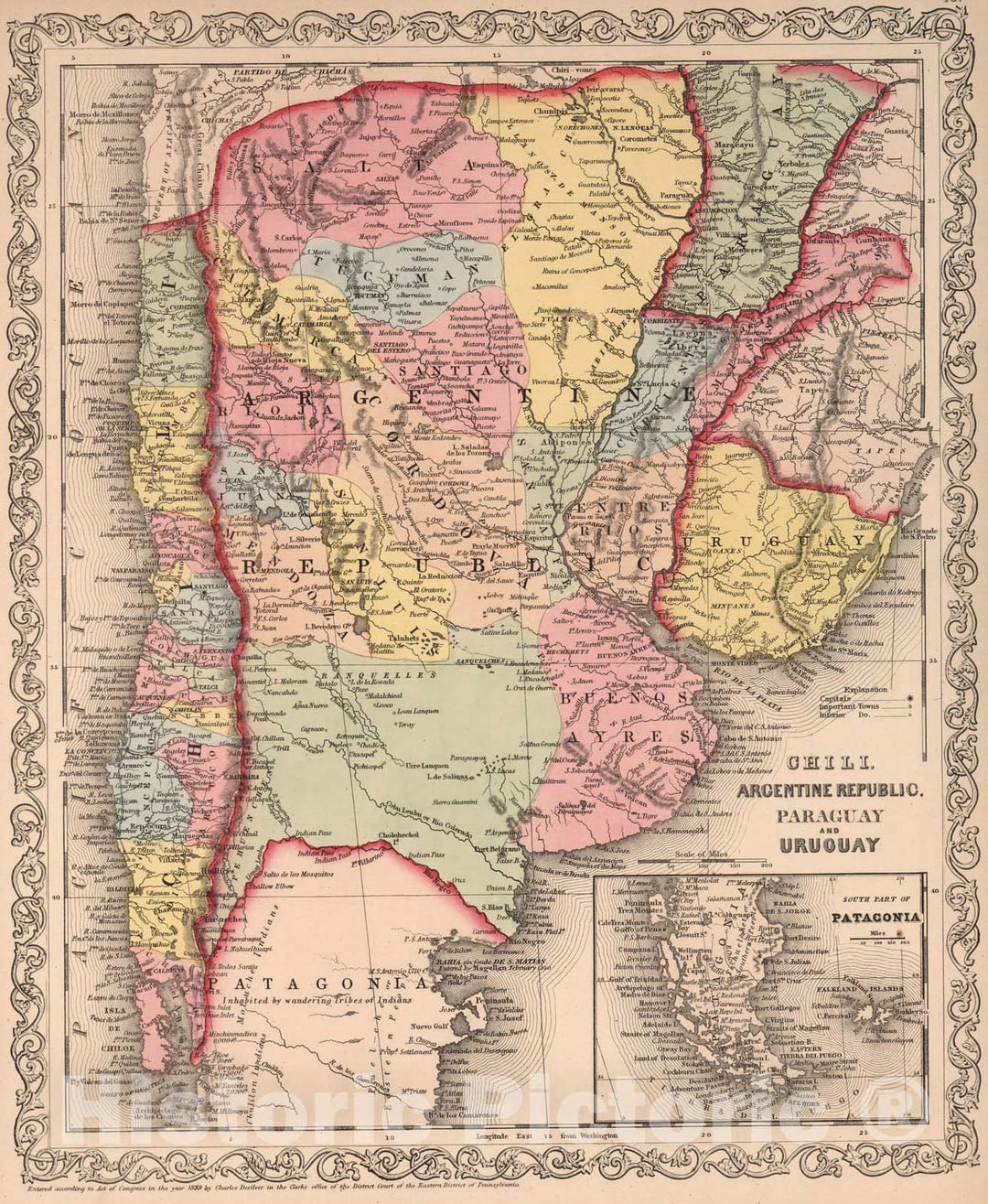 Historic Map : World Atlas Map, Chili, Argentine Republic, Paraguay, and Uruguay. 46 1859 - Vintage Wall Art