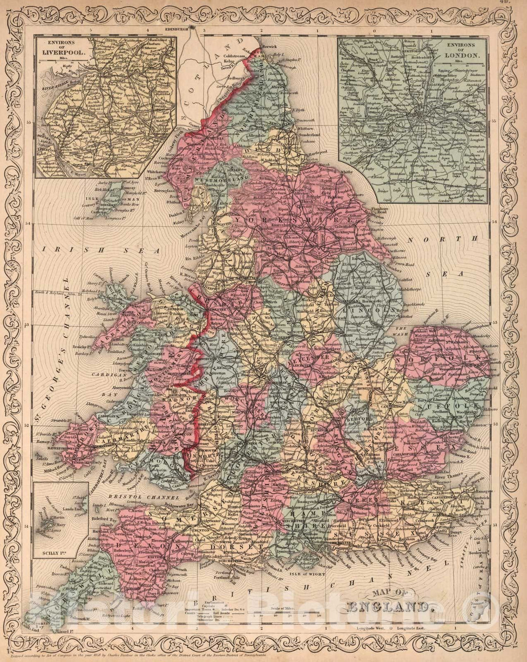 Historic Wall Map : Map of England, 1859 - Vintage Wall Art