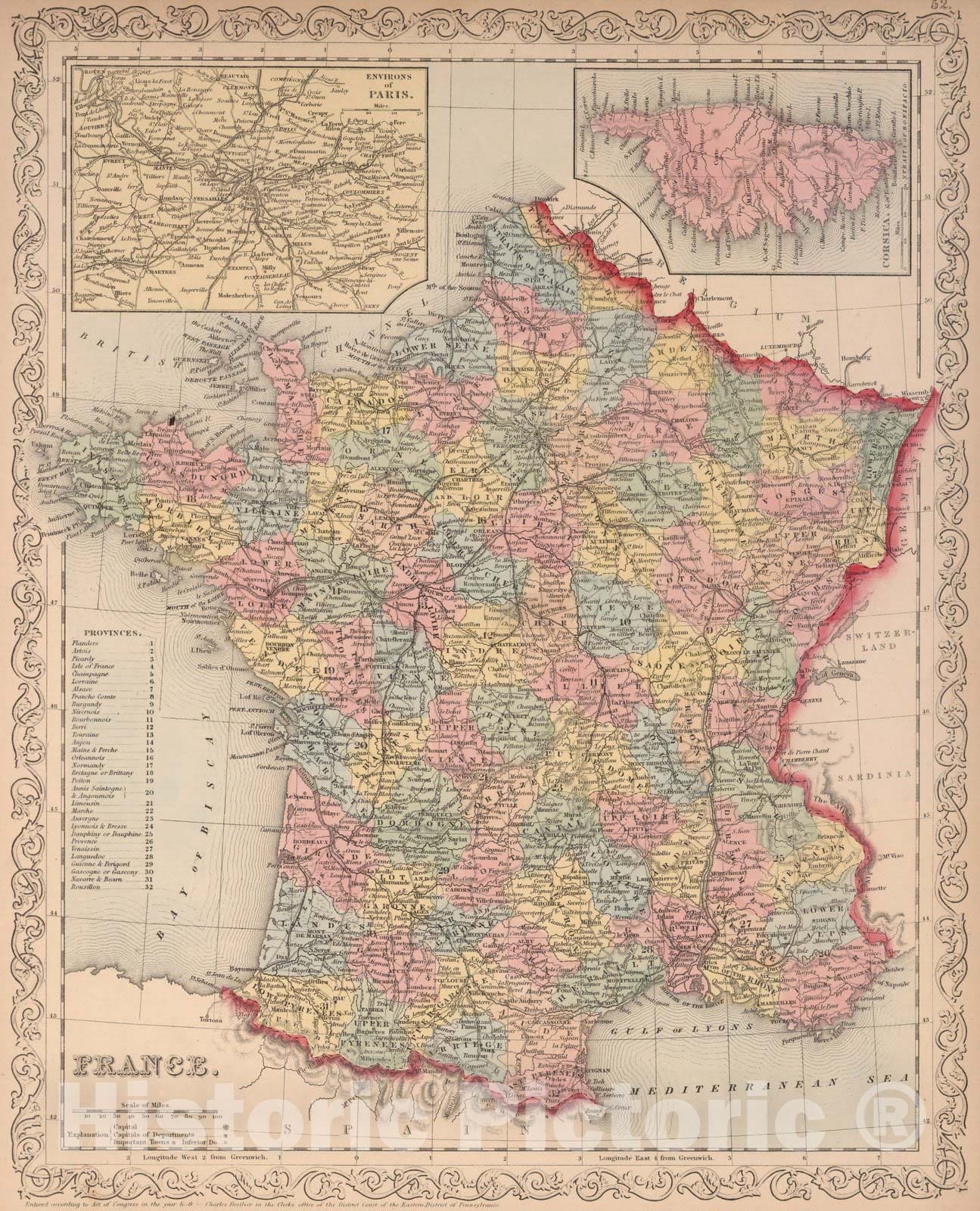 Historic Map : World Atlas Map, France. 52 1859 - Vintage Wall Art