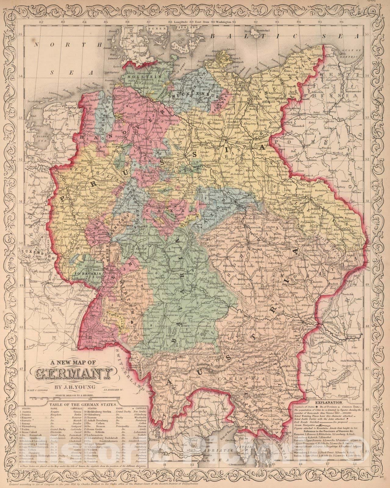 Historic Map : A New Map of Germany, 1856 - Vintage Wall Art