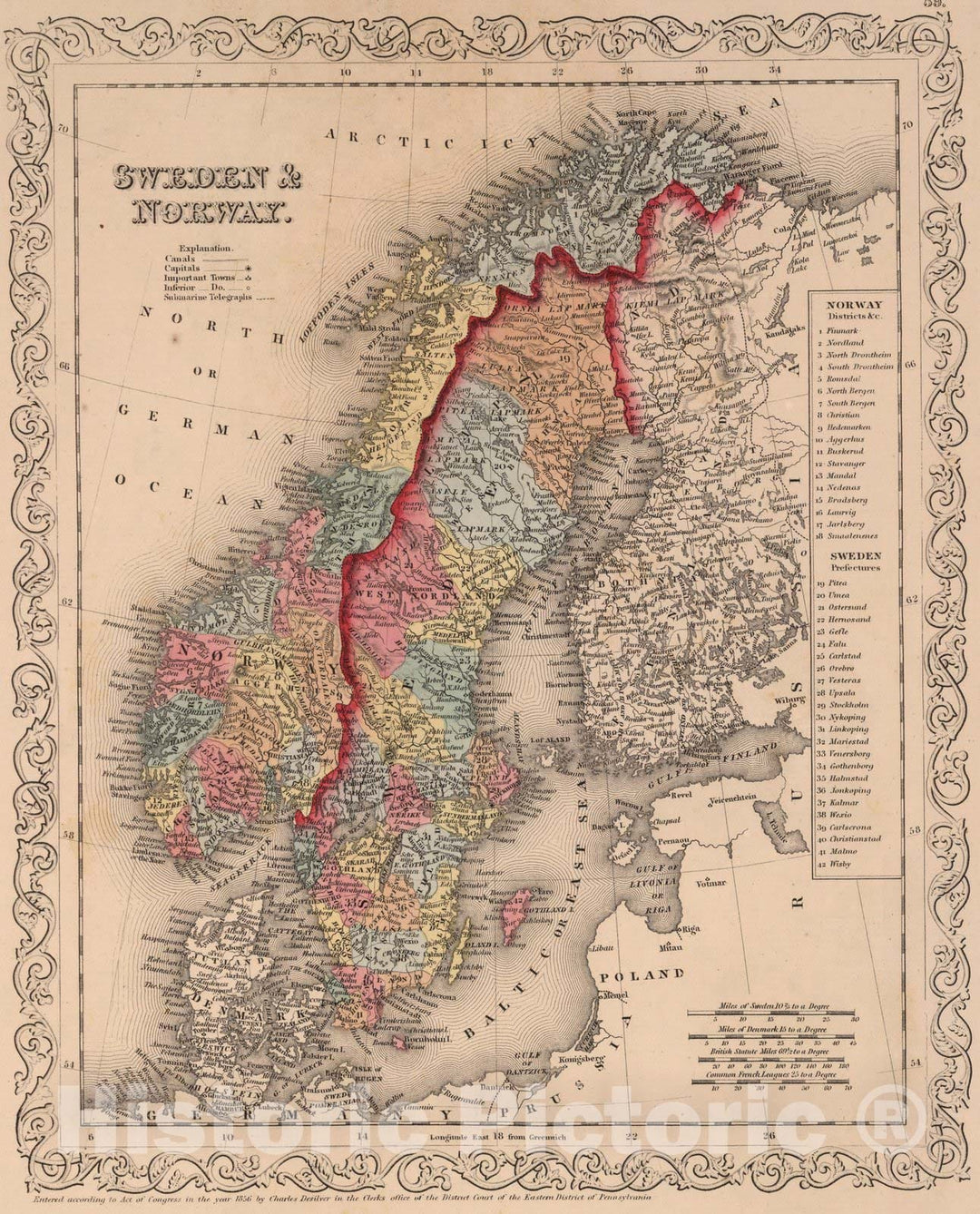 Historic Map : World Atlas Map, Sweden and Norway. 59 1856 - Vintage Wall Art