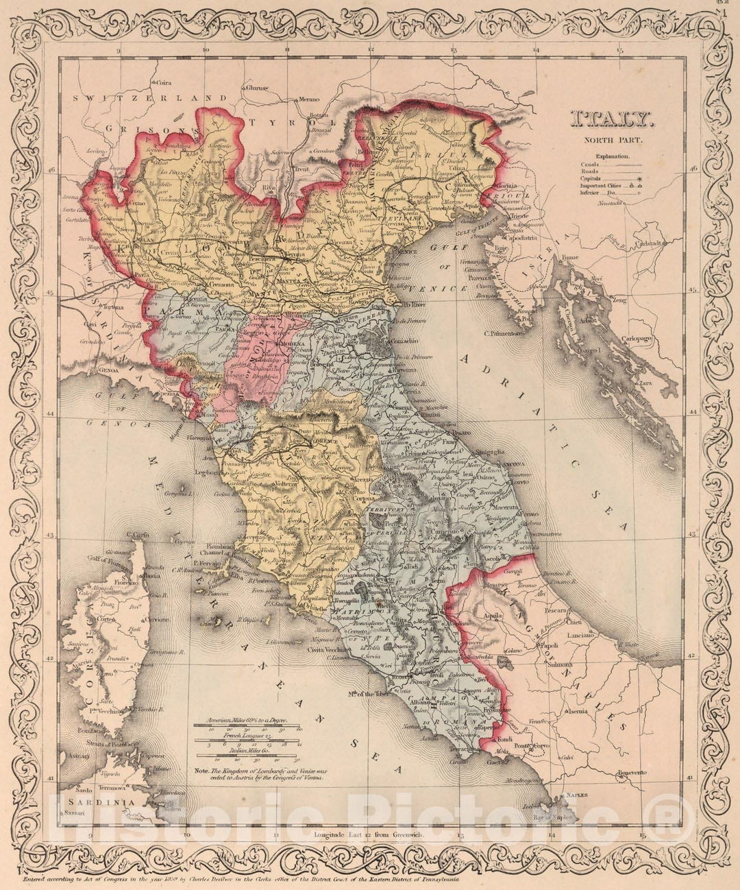 Historic Map : World Atlas Map, Italy. North part. 62 1859 - Vintage Wall Art