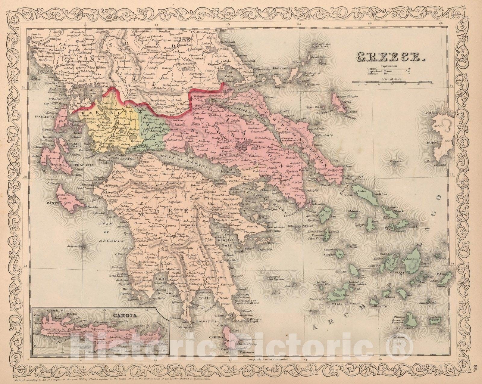 Historic Map : World Atlas Map, Greece. 66 1859 - Vintage Wall Art