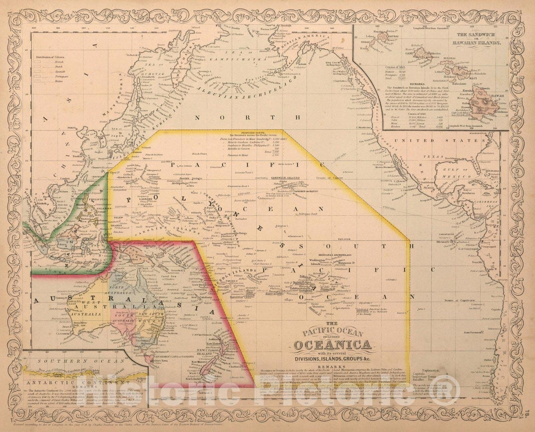 Historic Map : World Atlas Map, The Pacific Ocean including Oceania with its several Divisions, Islands, Groups, c. 76 1859 - Vintage Wall Art