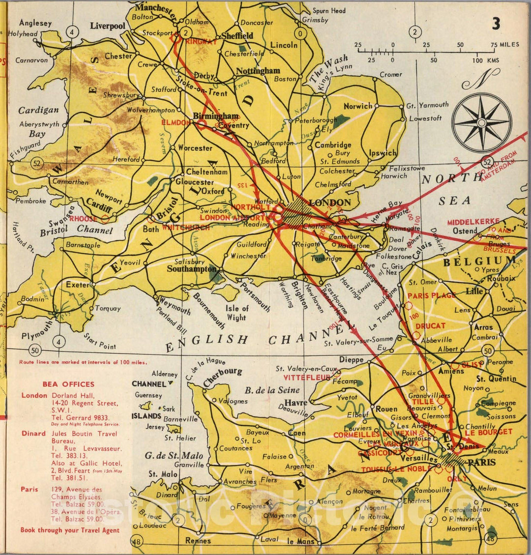 Historic Map : BEA route map : London to Paris, 1954 - Vintage Wall Art