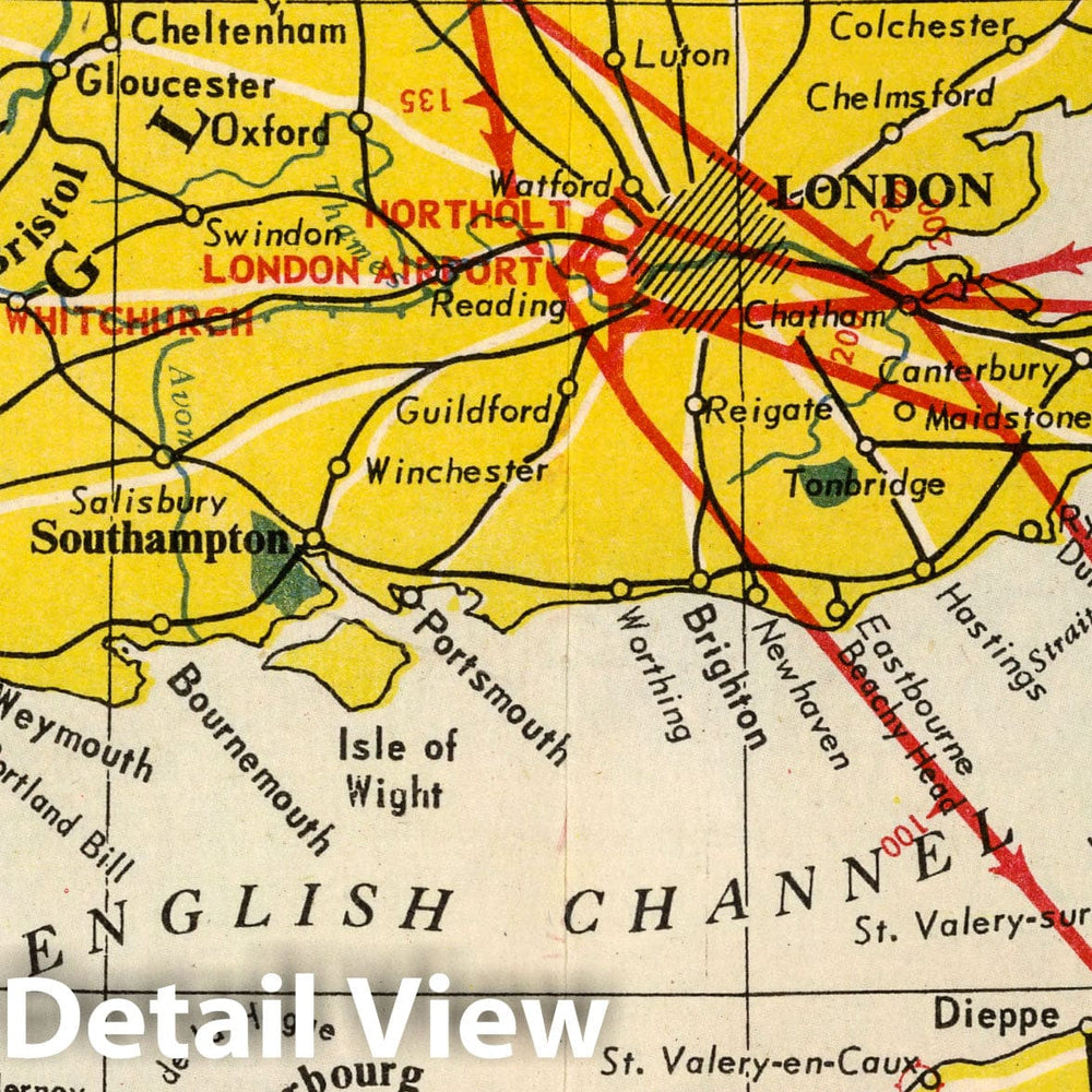 Historic Map : BEA route map : London to Paris, 1954 - Vintage Wall Art