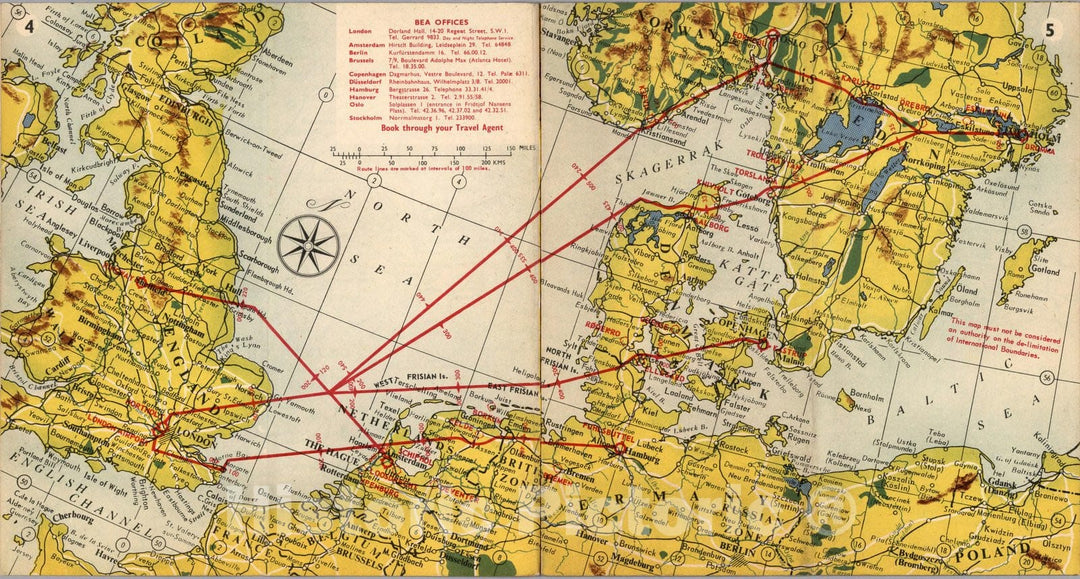 Historic Map : BEA route map : London to Stockholms, 1954 - Vintage Wall Art