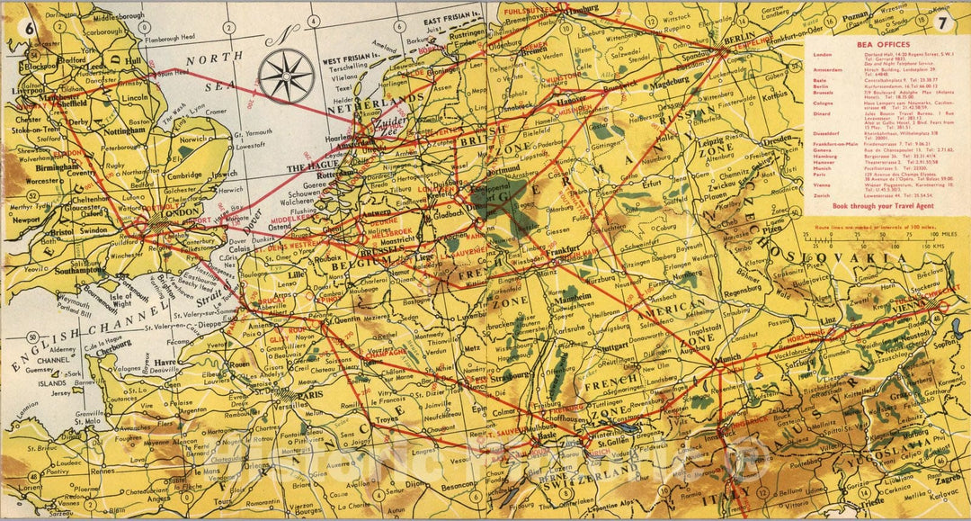 Historic Map : BEA route map : London to Zurich, 1954 - Vintage Wall Art