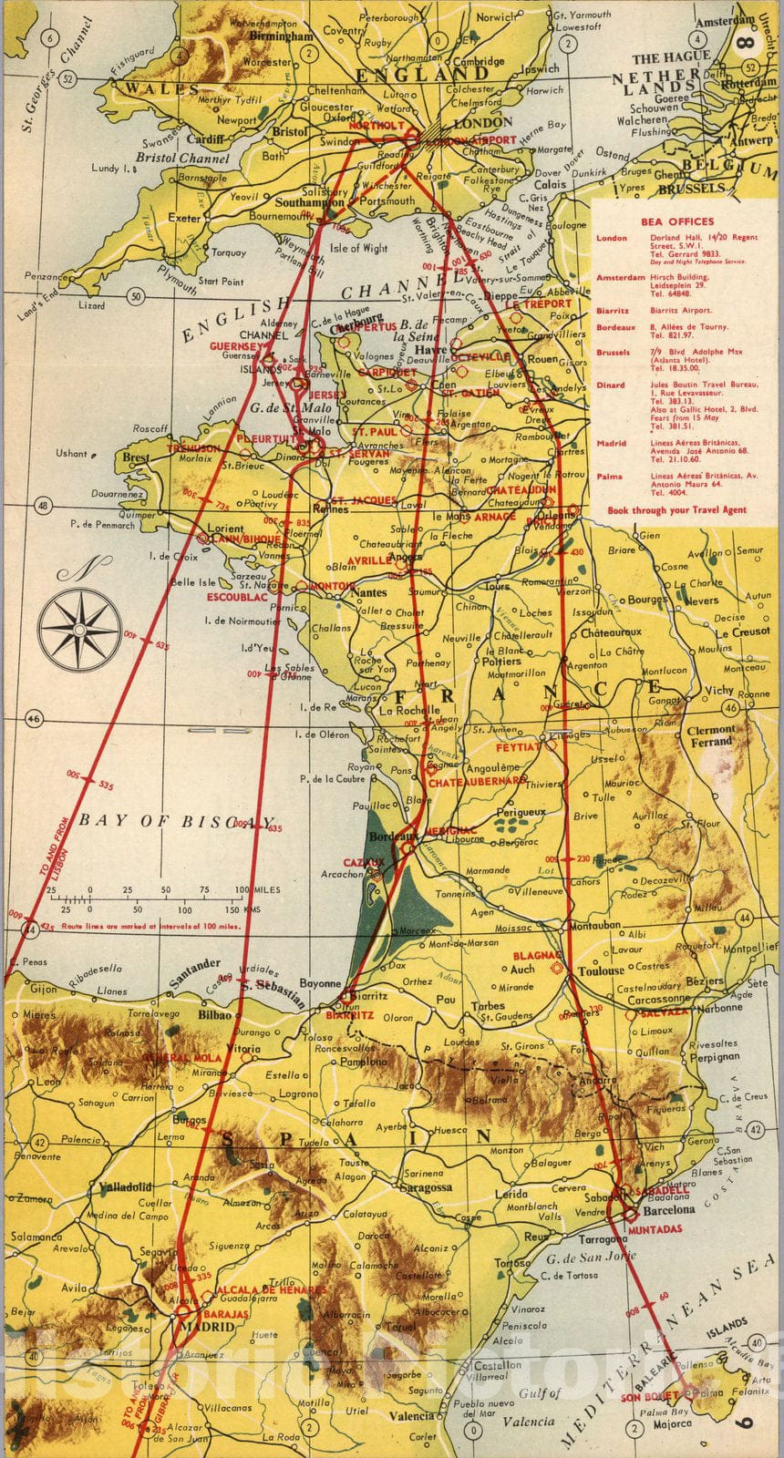 Historic Map : BEA route map : London to Palma, 1954 - Vintage Wall Art