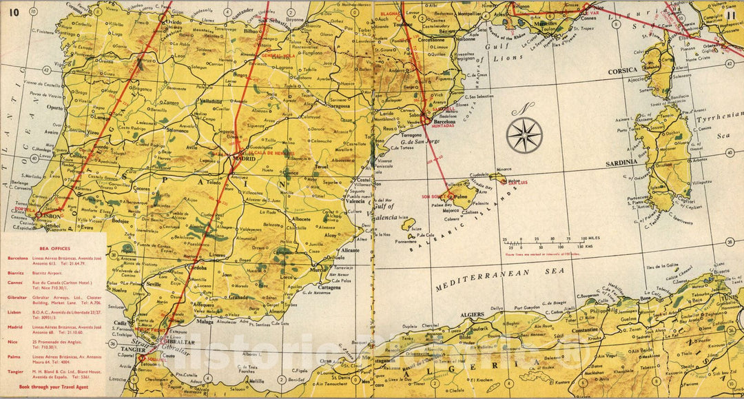 Historic Map : BEA route map : London to Gibraltar, 1954 - Vintage Wall Art