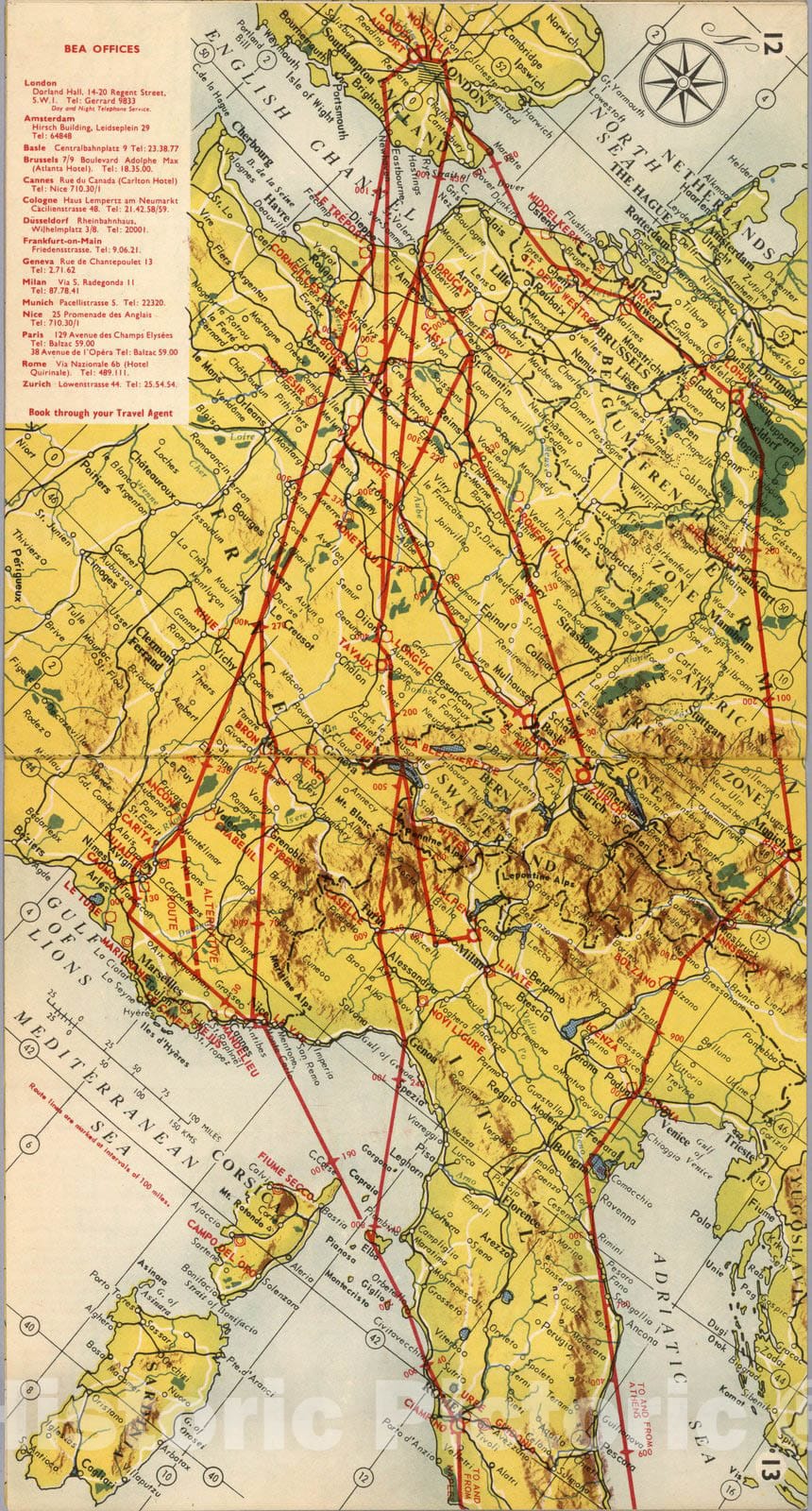 Historic Map : BEA route map : London to Rome, 1954 - Vintage Wall Art