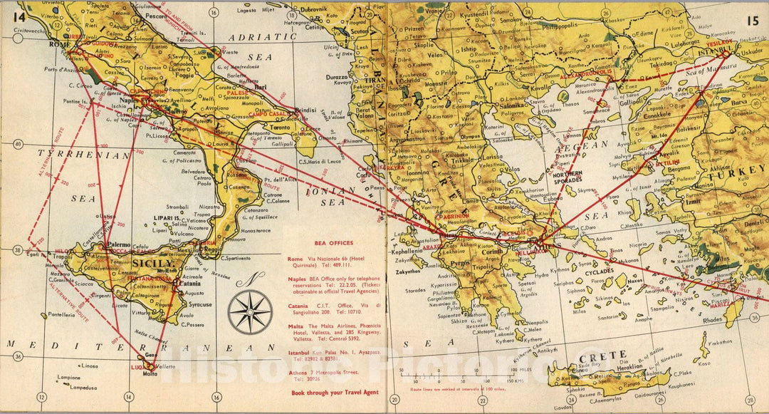 Historic Map : BEA route map : Rome and Munich to Turkey, 1954 - Vintage Wall Art