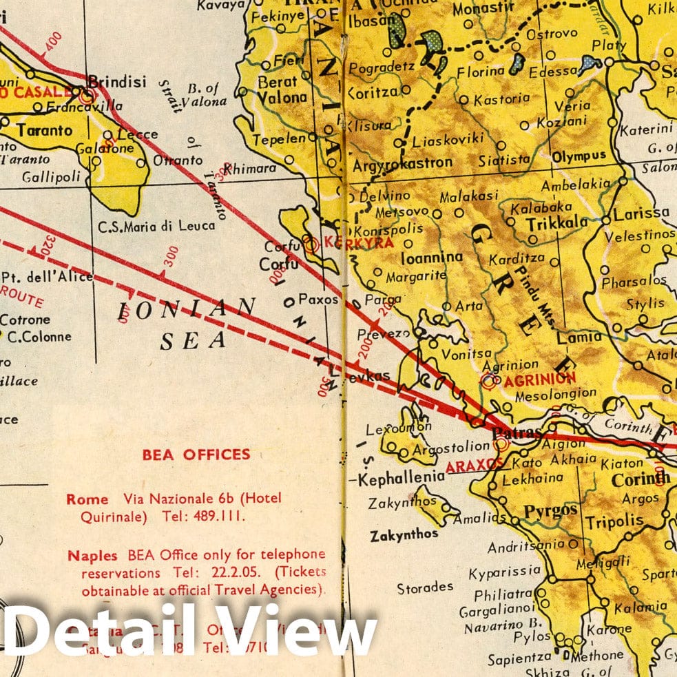 Historic Map : BEA route map : Rome and Munich to Turkey, 1954 - Vintage Wall Art