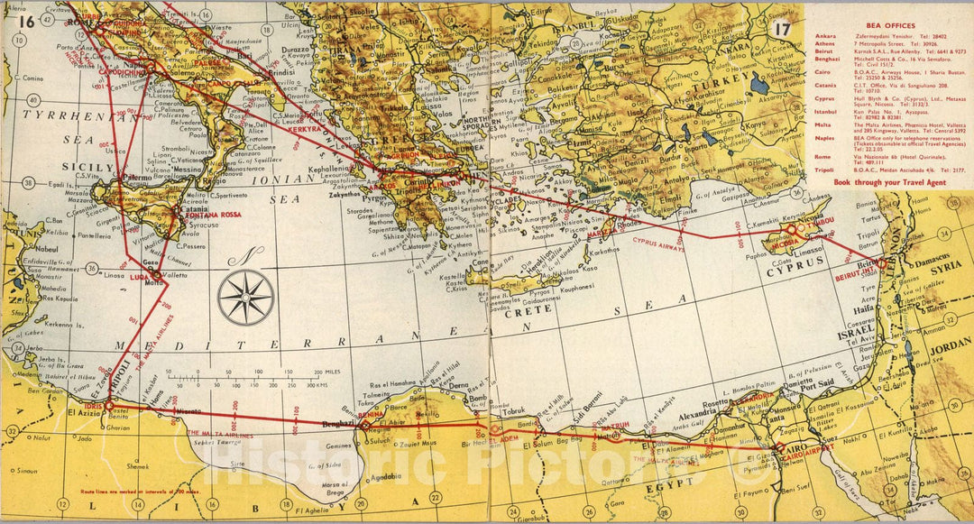 Historic Map : BEA route map : Rome to Middle East, 1954 - Vintage Wall Art