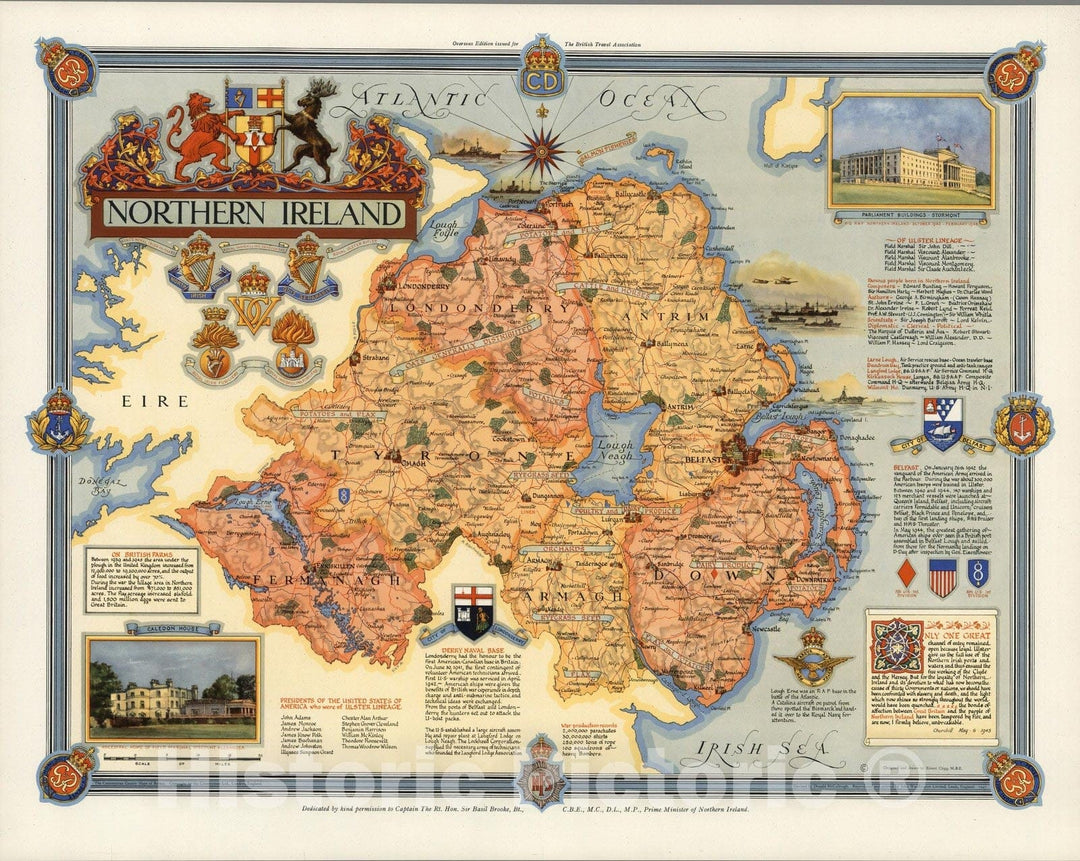 Historic Map : Northern Ireland. Designed and drawn by Ernest Clegg 1947 - Vintage Wall Art