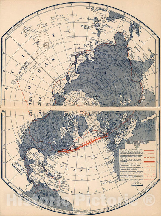 Historic Map - Atlas Map, Northern Hemisphere, showing notable aviation flights 1928, - Vintage Wall Art