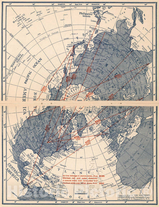 Historic Map : World Atlas Map, Northern Hemisphere, Air-line mileage in statute miles. 1928 - Vintage Wall Art