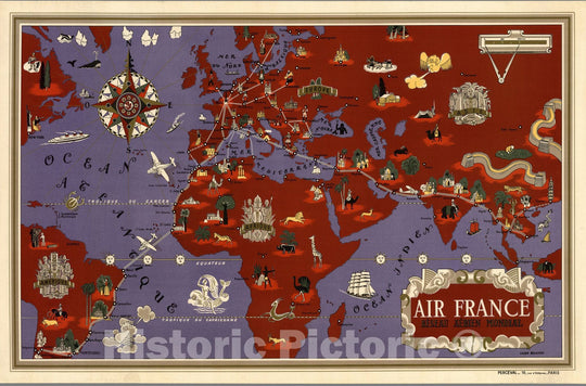 Historic Map : Air France Reseau Aerien Mondial. Lucien Boucher. Perceval - 16 rue d'Athenes - Paris. v1 - Vintage Wall Art