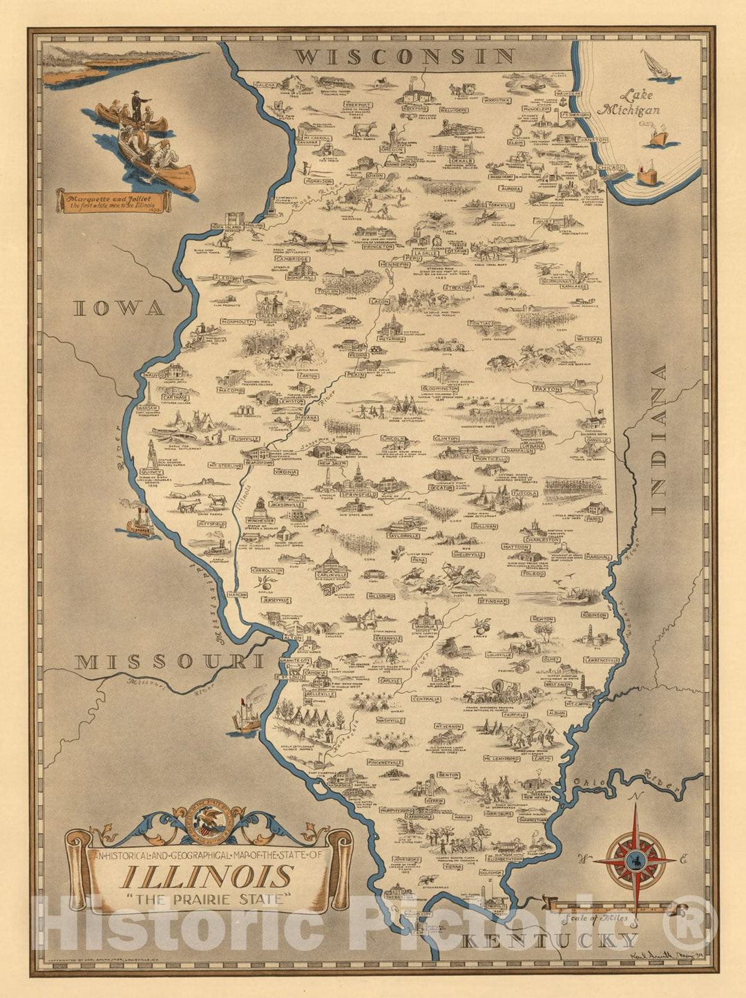 Historic Map : An Historical and Geographical Map of the State of Illinois The Prairie State, 1934, Karl Smith, Vintage Wall Art