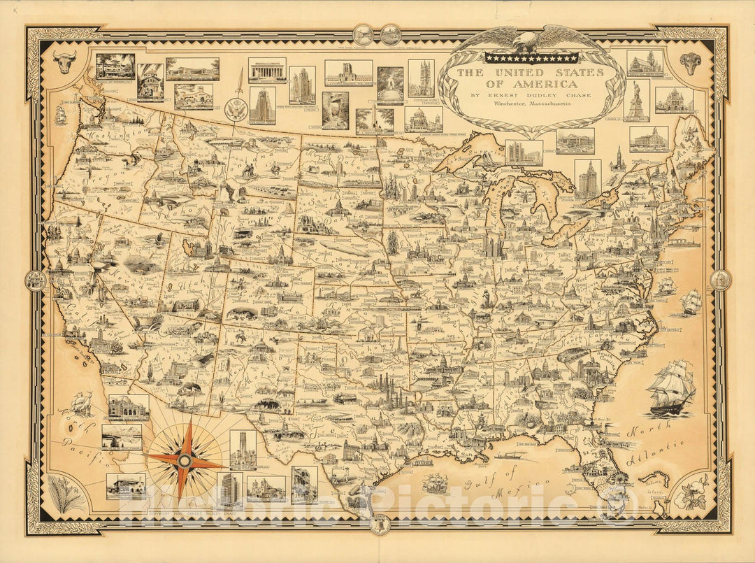 Historic Map : The United States of America. By Ernest Dudley Chase 1935 - Vintage Wall Art