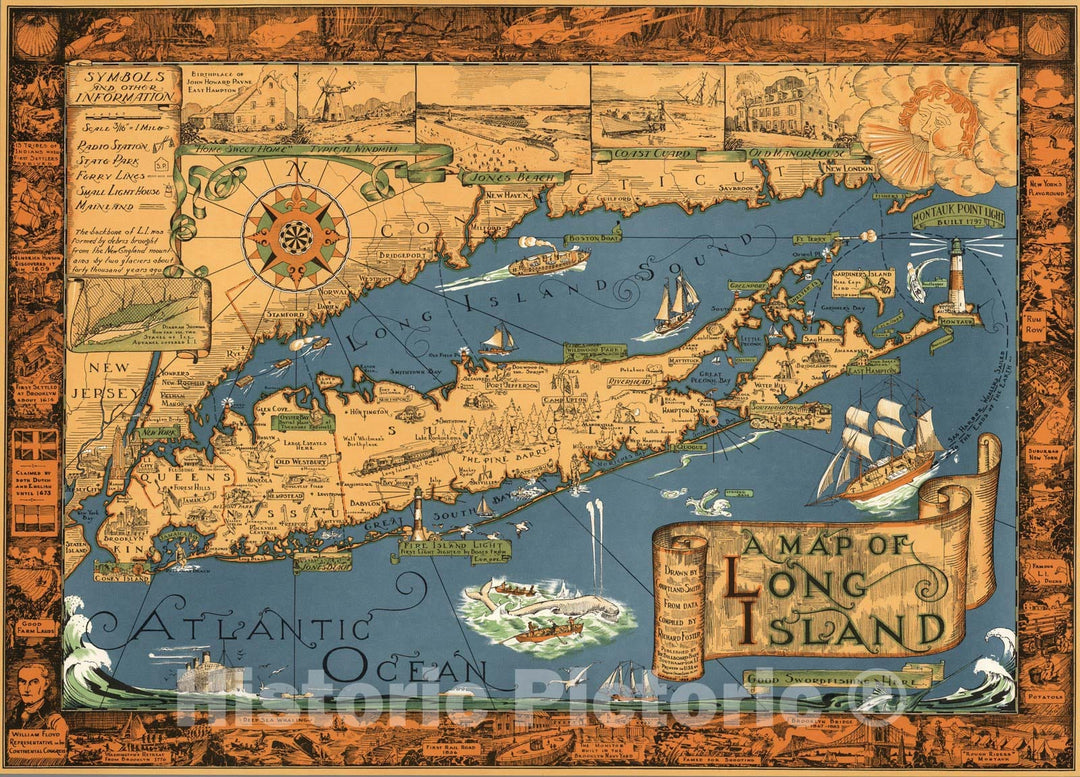 Historic Map - A Map of Long Island. Drawn by Courtland Smith from data compiled by Richard Foster, 1961, - Vintage Wall Art