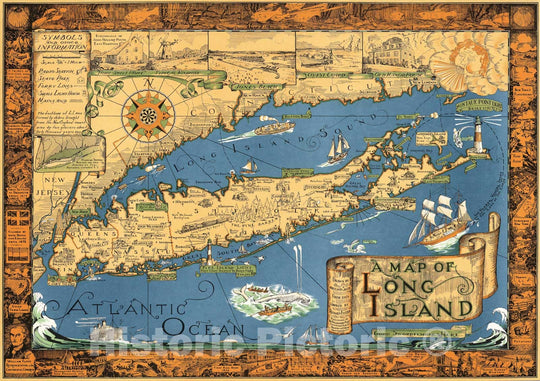 Historic Map - A Map of Long Island. Drawn by Courtland Smith from data compiled by Richard Foster, 1961, - Vintage Wall Art