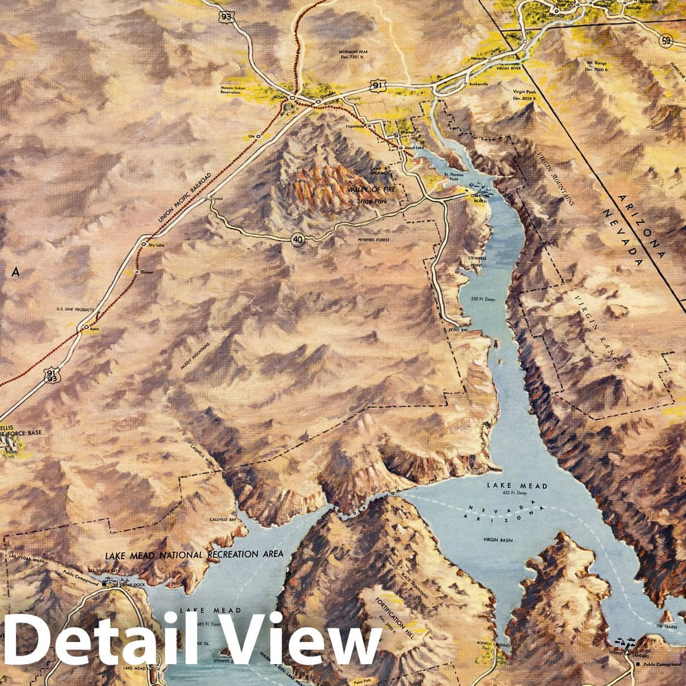 Historic Map - Panoramic Perspective of the Area Adjacent to Hoover Dam and Lake Mead Recreational Area, 1953, Union Pacific Railroad Company - Vintage Wall Art