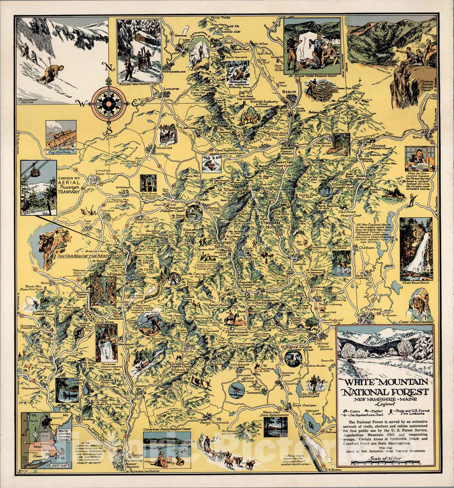 Historic Map : White Mountain National Forest. New Hampshire - Maine 1930 - Vintage Wall Art