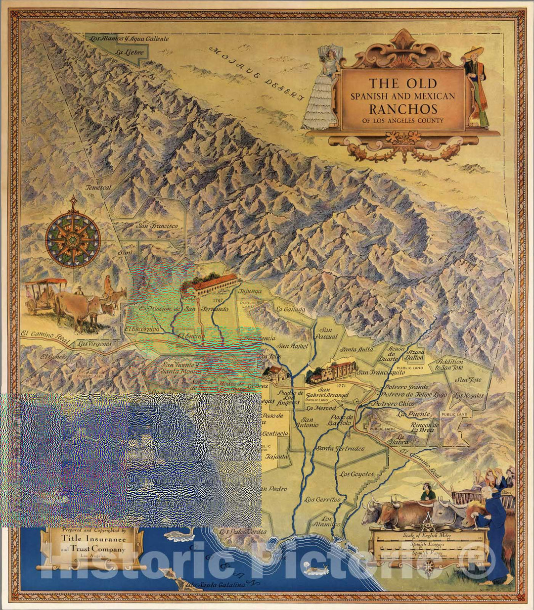 Historic Map - The Old Spanish and Mexican Ranchos of Los Angeles County, 1937, Title Insurance & Trust Company - Vintage Wall Art