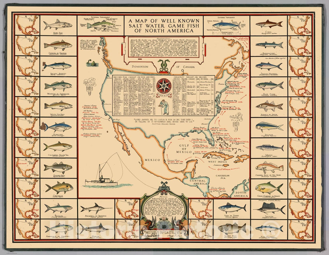 Historic Map - Map of Well Known Salt Water Game Fish of North America, 1936 - Vintage Wall Art