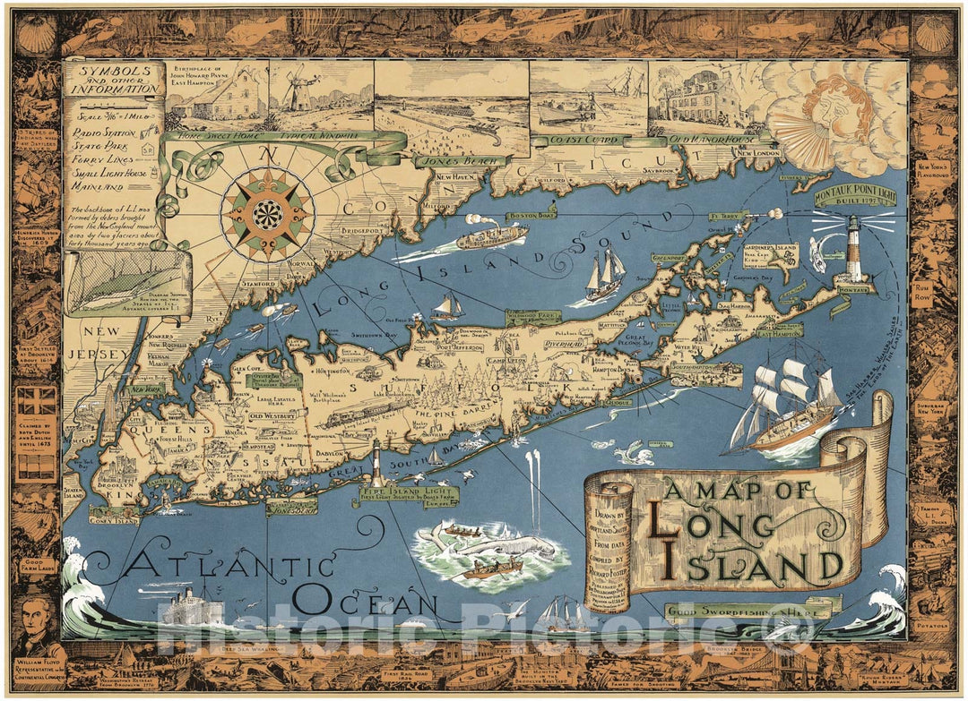 Historic Map - A Map of Long Island. Drawn by Courtland Smith from data compiled by Richard Foster, 1961 - Vintage Wall Art