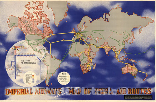 Historic Map : Imperial Airways Map of Empire & European Air Routes, 1937 - Vintage Wall Art