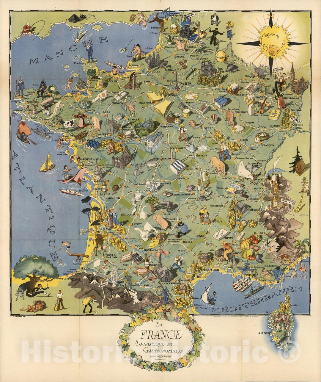 Historic Map : France, Pocket Map, La France, Touristique et Gastronomique. Edition Jacques-Petit. 1948 , Vintage Wall Art