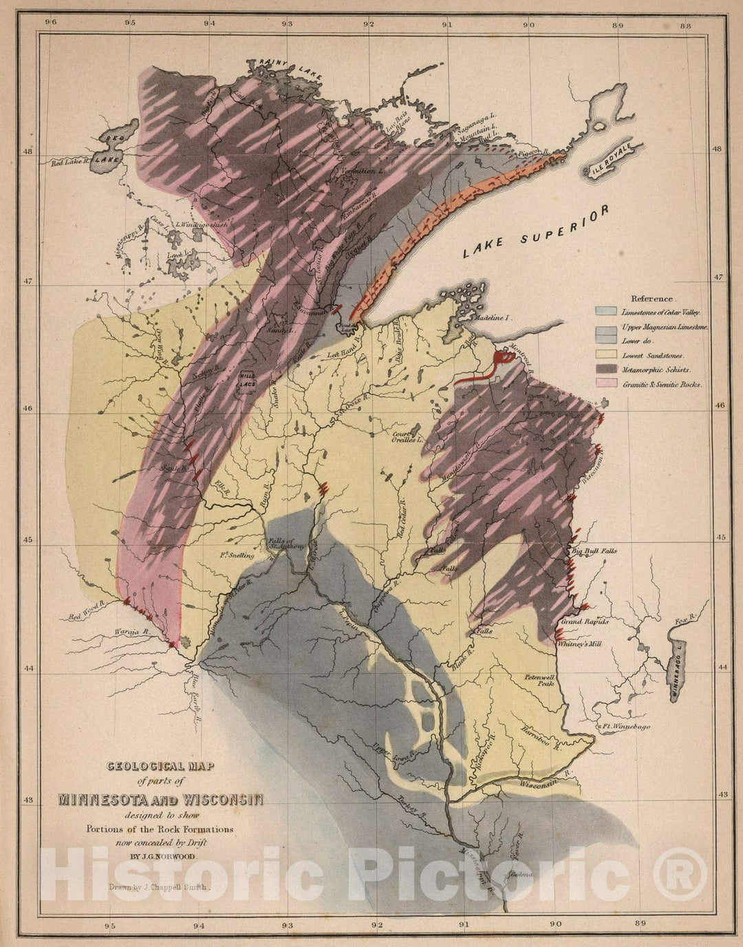 Historic Map : Geological map of parts of Minnesota and Wisconsin, 1852 - Vintage Wall Art