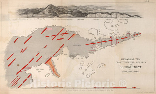 Historic Map : Geological map: Coast view and section of Pigeon Point, 1852 - Vintage Wall Art