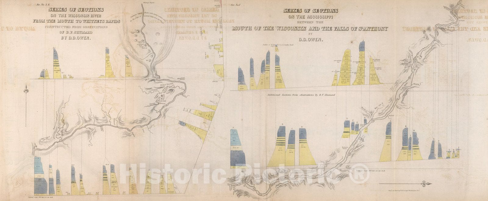 Historic Map : Geography Book, Series of sections on the Wisconsin River from the mouth to Whitneys Rapids 1852 - Vintage Wall Art