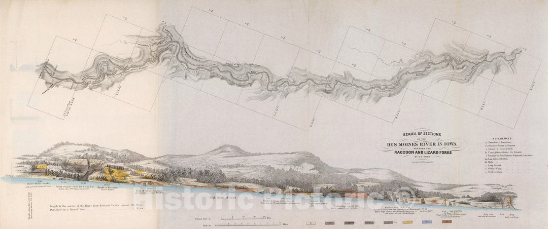 Historic Map : Geography Book, Series of sections on the Des Moines River in Iowa, between the Racoon and Lizard Forks 1852 - Vintage Wall Art