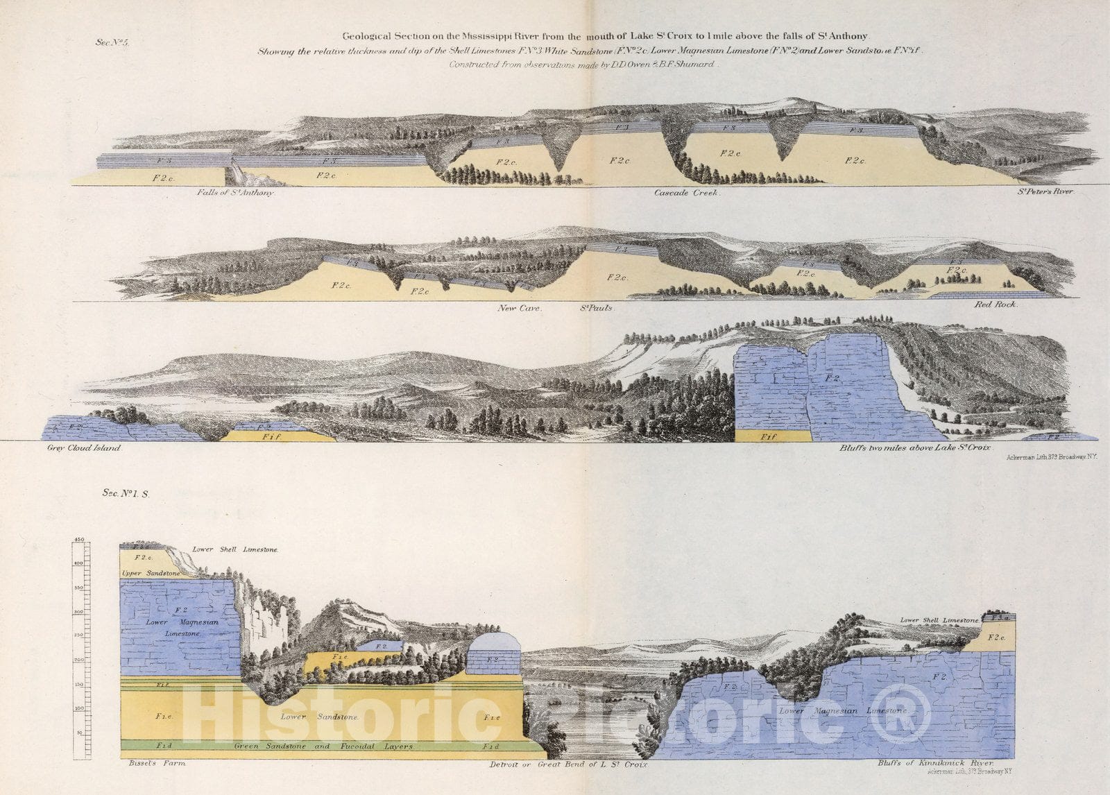 Historic Map : Geography Book, Sec. No.5. Geological section on Mississippi River from the mouth of Lake St. Croix 1852 - Vintage Wall Art