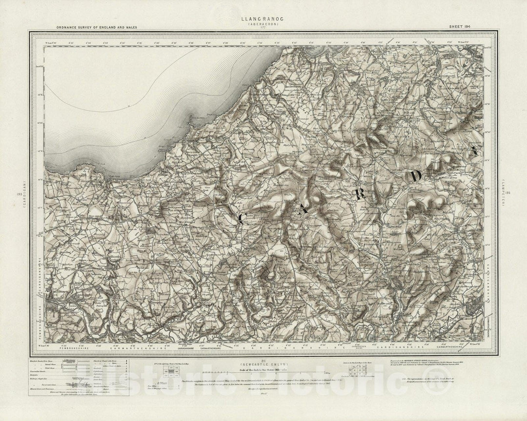 Historic Map : England, 194 Llangranog (Hills) 1899 , Vintage Wall Art