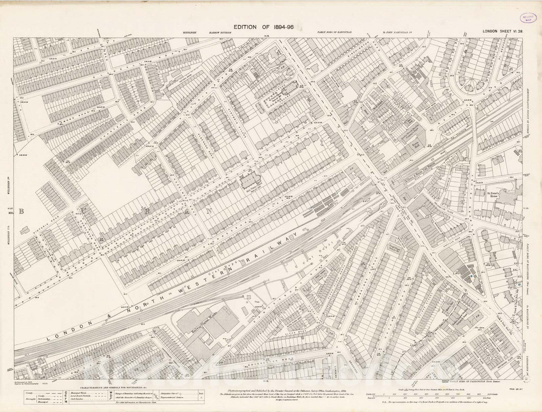 Historic Map : England , London (England), London (England), City Atlas Map, London Sheet VI.28 1894 , Vintage Wall Art