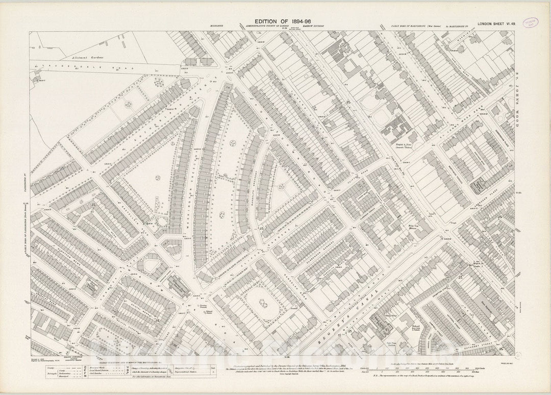 Historic Map : England , London (England), London (England), City Atlas Map, London Sheet VI.49 1894 , Vintage Wall Art