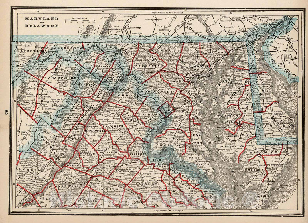 Historic Map : World Atlas Map, Maryland and Delaware 1893 - Vintage Wall Art