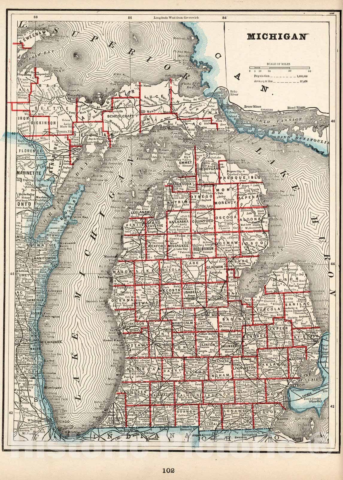 Historic Map : World Atlas Map, Michigan 1893 - Vintage Wall Art