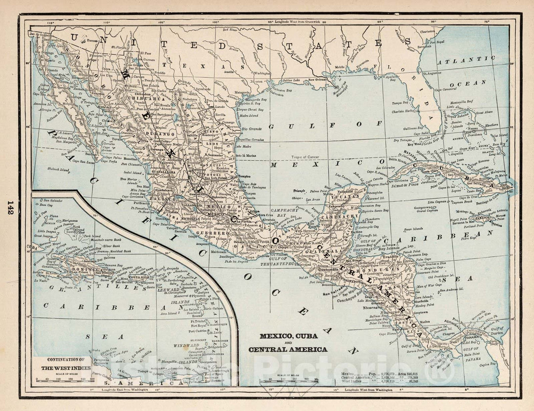 Historic Map : World Atlas Map, Mexico, Cuba and Central America 1893 - Vintage Wall Art