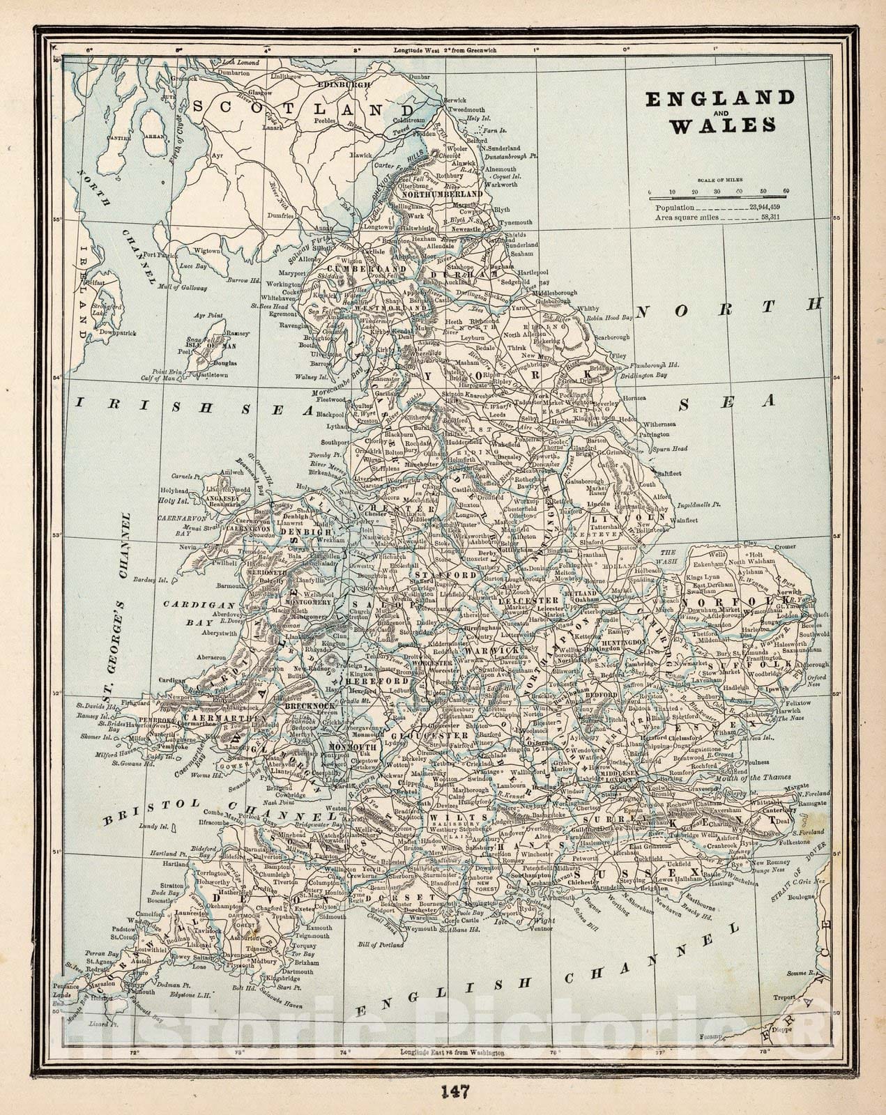 Historic Map : World Atlas Map, England and Wales 1893 - Vintage Wall Art