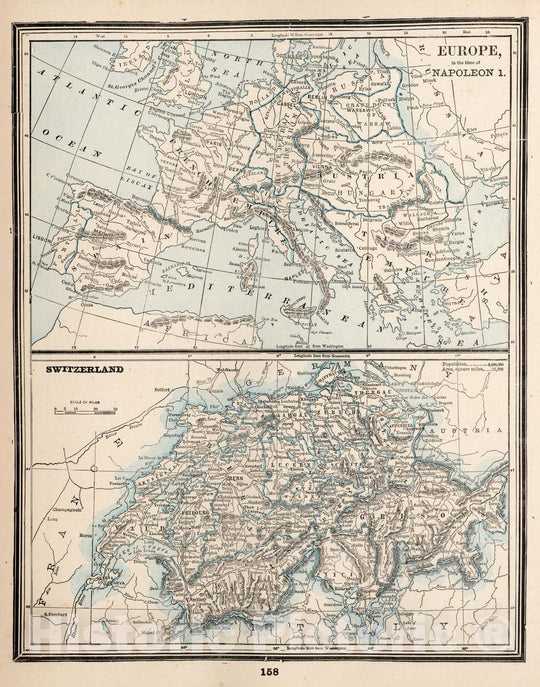 Historic Map : World Atlas Map, Europe in the time of Napoleon 1. Switzerland 1893 - Vintage Wall Art