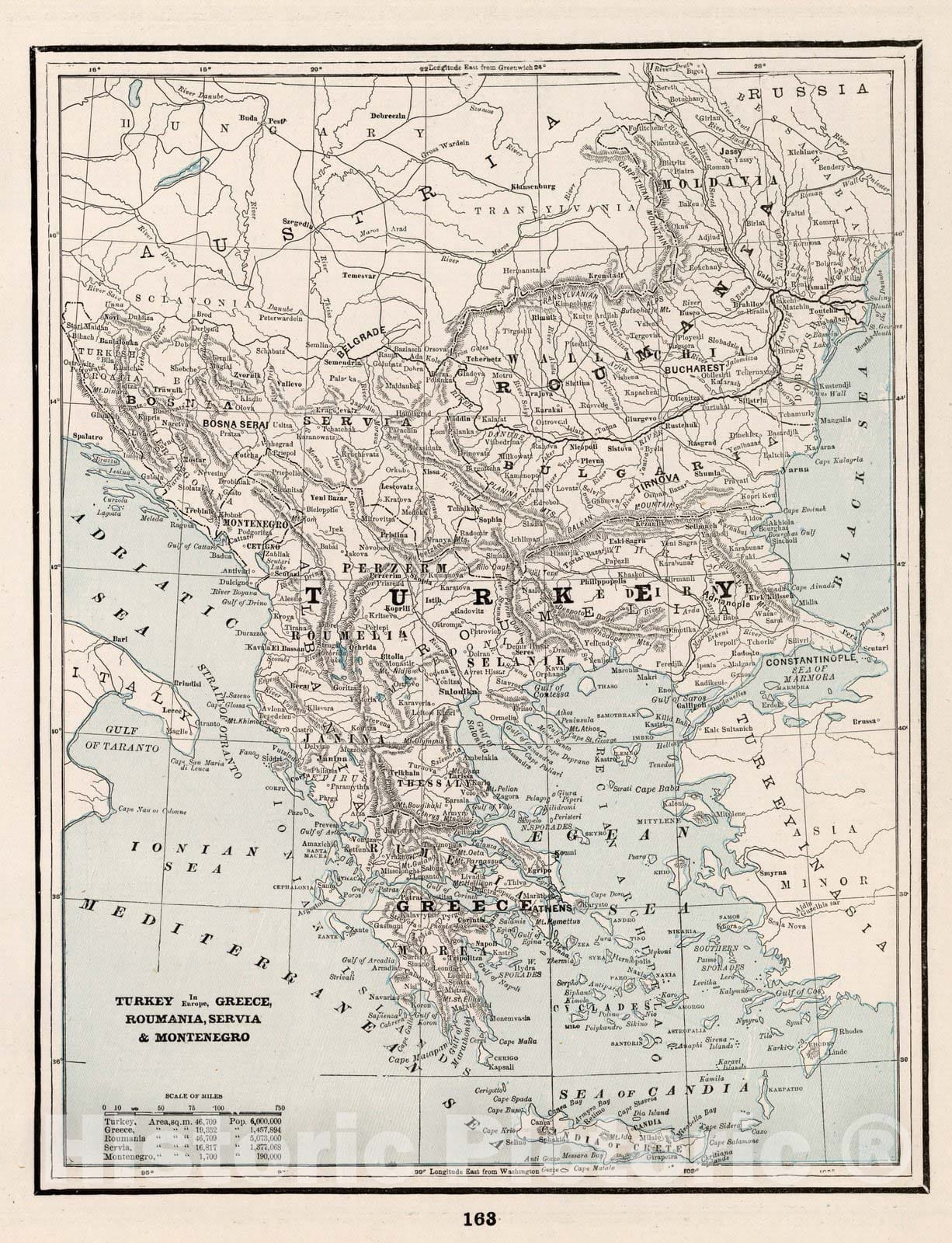 Historic Map : World Atlas Map, Turkey in Europe, Greece, Romania, Serbia and Montenegro 1893 - Vintage Wall Art